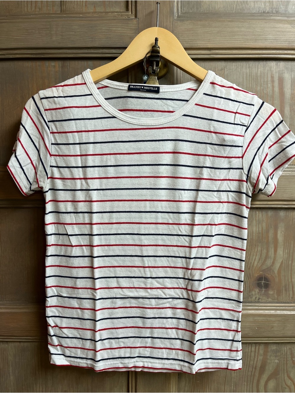 Brandy Melville White Tee with Red and Navy Stripe Detail